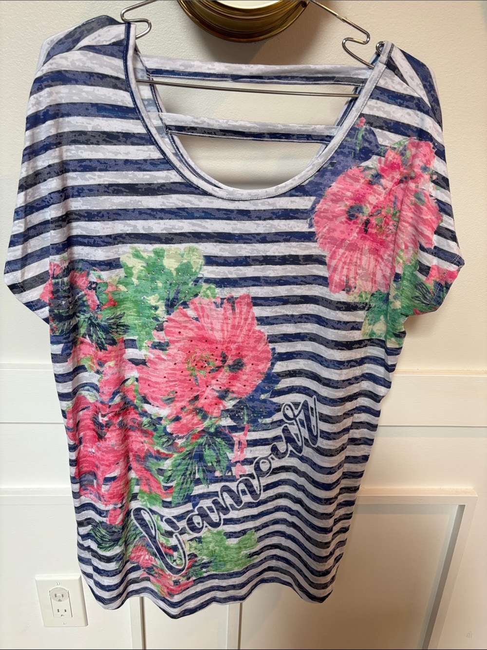 Three Hearts L'Amour Floral Striped Burnout Top.